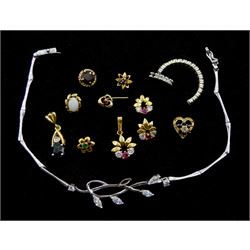 Gold stone set jewellery oddments including 18ct white gold diamond part shank, 9ct gold single earrings including garnet, sapphire, diamond and emerald and a cubic zirconia bracelet, all tested or stamped