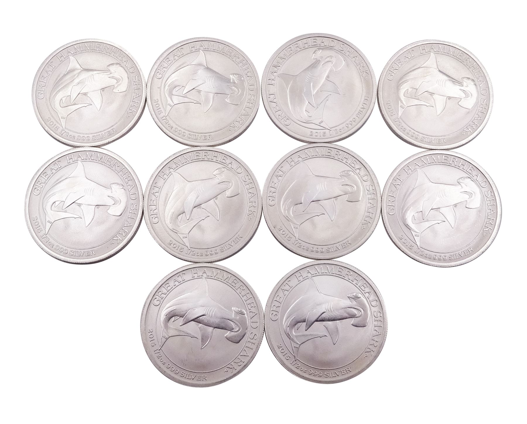 Ten 2015 fine silver Australian fifty cent coins