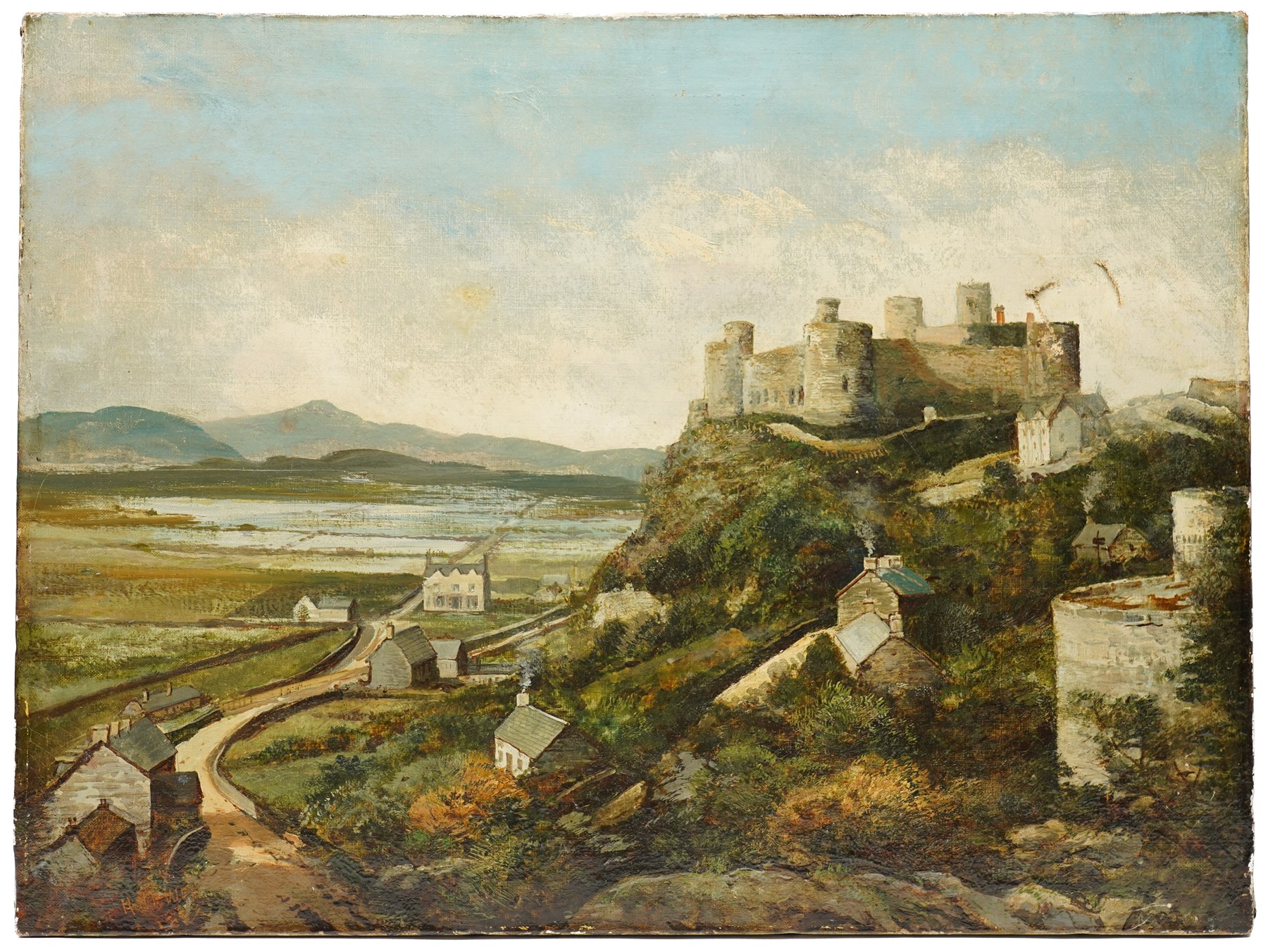 Manner of William Ellis (British 1747-1810): Harlech Castle - Gwynedd, oil on canvas indistinctly signed H M W* 46cm x 61cm (unframed)