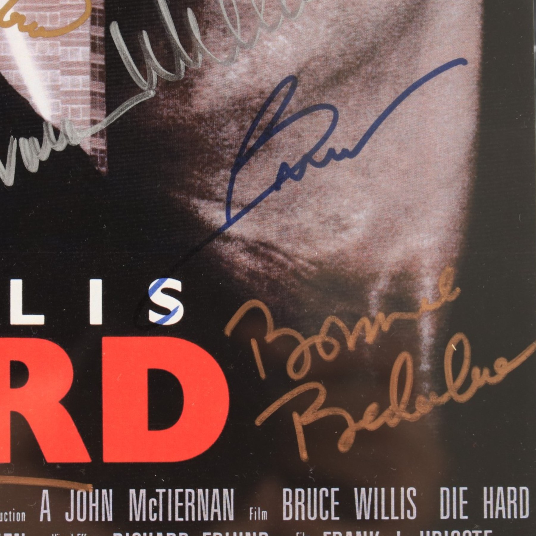 Die Hard (1988) cast signed movie poster, signatures to include Bruce Willis, Bonnie Bedelia, Reginald VelJohnson, William Atherton, Hart Bochner, James Shigeta, Alan Rickman, Bruno Doyon, Andreas Wisniewski and John McTiernan, framed with certificate of authenticity from RICA verso, frame H57cm, W42cm