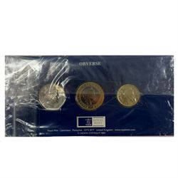 Nineteen The Royal Mint United Kingdom uncirculated commemorative coins or sets, including Queen Elizabeth II 1989 '1689 1989' two pounds, 2001 'Victorian Anniversary' crown, 2003 'Coronation Jubilee' five pounds, 2004 'Britain's new coinage' three coin set, 2005 'The End of WWII' two pound, 2006 'Her Majesty Queen Elizabeth II Eightieth Birthday', 2015 'The Royal Navy' two pounds, 2016 'The Last Round Pound', 2022 '1926-2022' five pounds, King Charles III 2023 'The Coronation' five pounds etc