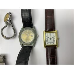 Two ladies 9ct rose gold cased manual wind wristwatches, one on 9ct gold spring loaded strap, together with a continental silver pocket watch and a collection of costume jewellery