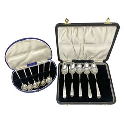 Set of six 1920's silver coffee spoons, hallmarked Sheffield, contained within a fitted case, together with a set of five George III bright cut engraved teaspoons, also cased, approximate total silver weight 77 grams