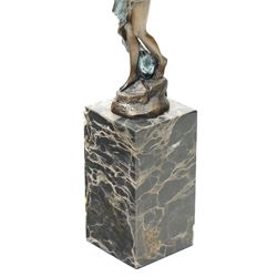 After Milo - bronze sculpture of a dancing lady, on two-tone plinth, H35cm 