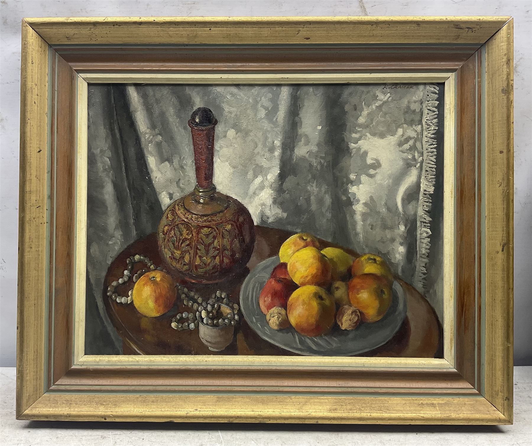 Attrib. Konrad Cramer (American 1888-1963): Still Life of Apples and Walnuts, oil on board signed 33cm x 43cm 