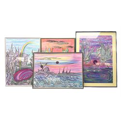 Dot Needham (British 20th century): 'Epitaph to the Gulf' 'Martian Massacre' 'Rendezvous' and Psychedelic Sci Fi Vortex, set four pastels on paper signed verso max 83cm x 58cm (4)
