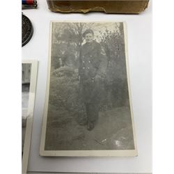 WW2 group of five medals comprising 1939-1945 War Medal, Defence Medal, 1939-1945 Star, France and Germany Star and Canadian Volunteer Service Medal; on wearing bar with ribbons; with a medal box and slip and three photographs