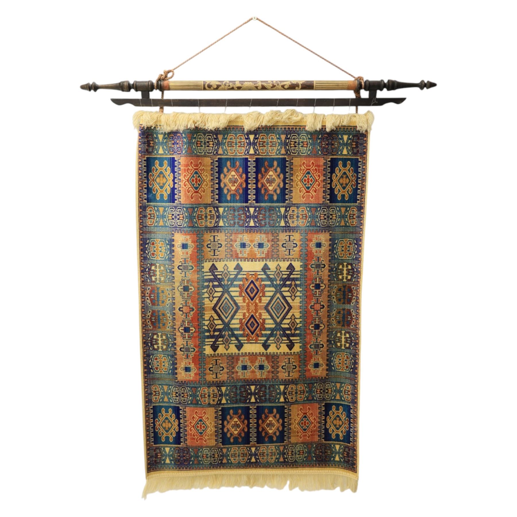Caucasian two small rugs and one wall hanging rug, rugs (W 69cm L 148cm) wall hanger (W 124cm, L 107cm)