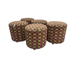 Set six circular footstools or pouffes, upholstered in geometric patterned fabric 