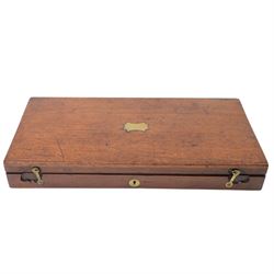 Pair of 19th century officer's duelling pistols, by William Chance & Son, with 25 bore sighted octagonal brown barrels, engraved London to the top, with gilt and platinum lines, foliate engraved tang, the back action lock plate signed and engraved with foliage, the walnut half stock, the trigger guard engraved with foliate and pineapple design, with ebony ramrods, in a brown velvet lined mahogany case, fitted with accessories including a copper pistol flask, a steel bullet mould, a tin of caps, lead balls, a cleaning rod with brass screw top