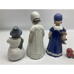 Four Royal Copenhagen figures, comprising Else with teddy no. 671, Snowman no. 158, Elsa no. 404, an mini collection girl with pram no.014, all with mark beneath  