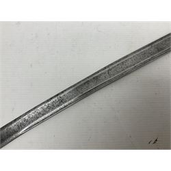 Late 18th century sword, the Spanish 79.5cm curving fullered blade engraved with the Royal Cypher, battle trophies and 'Viva Espania' banner, French Sabre de Mineur brass three-bar hilt with ebonised reeded grip L93.5cm overall (no scabbard)