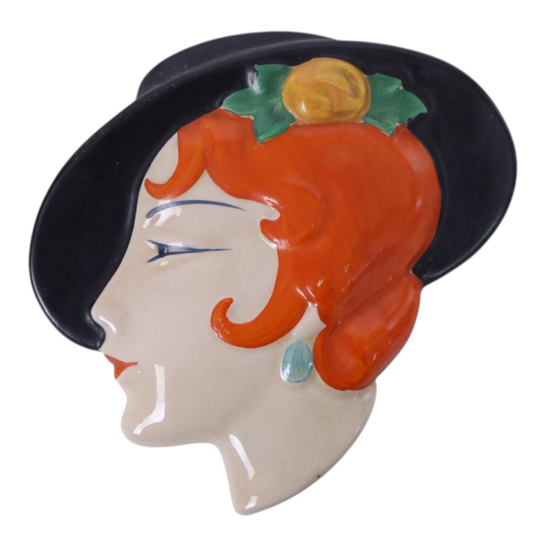  Art Deco face mask, of a lady with red hair, unmarked, H16cm
