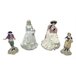 Two Coalport figures, Minster Belle, and Yorkshire Rose, together with two Spode Chelsea figures, Mistress Grey, and Squire Beaufort, tallest example H20cm