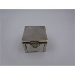 1930s silver mounted glass inkwell, of square form, the silver lid with engine turned decoration and engraved initials, hallmarked Adie Brothers Ltd, Birmingham 1937, H4.7cm
