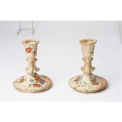 Collection of Worcester blush ivory, including a pot pourri and a pair of candlesticks by George Grainger & Co, with brown and green stamps to bases, together with a teacup and saucer with marks in puce, candlesticks H12cm 
