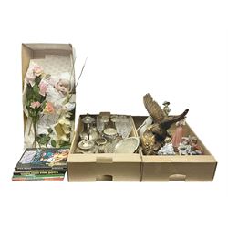 Franklin Heirloom Victorian christening doll, six children's annuals including star Wars annual No.1, Coalport Visiting Day figurine, set of six cut glassl champagne flutes, sliver plated tea service, two carved eagle figures and a collection of other ceramics and glassware, in three boxes