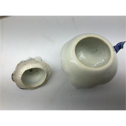 Japanese Hirado blue and white porcelain censer in the form of a Lion Dog, together with a Hirado porcelain shell shaped dish, centrally decorated with an exotic bird flanked by two roundels on floral scroll ground, censer H13cm