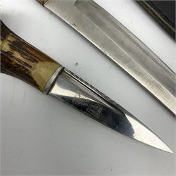 20th century J. Nowill & Sons Scottish Highland dress skean-dhu the 9.5cm fullered single edged blade with serrated back and maker's name, in associated leather sheath L18.5cm; and Japanese Tanto style dagger with 14.5cm single edged blade, brass crosspiece and pommel and cord bound grip, in leather sheath L28.5cm (2)