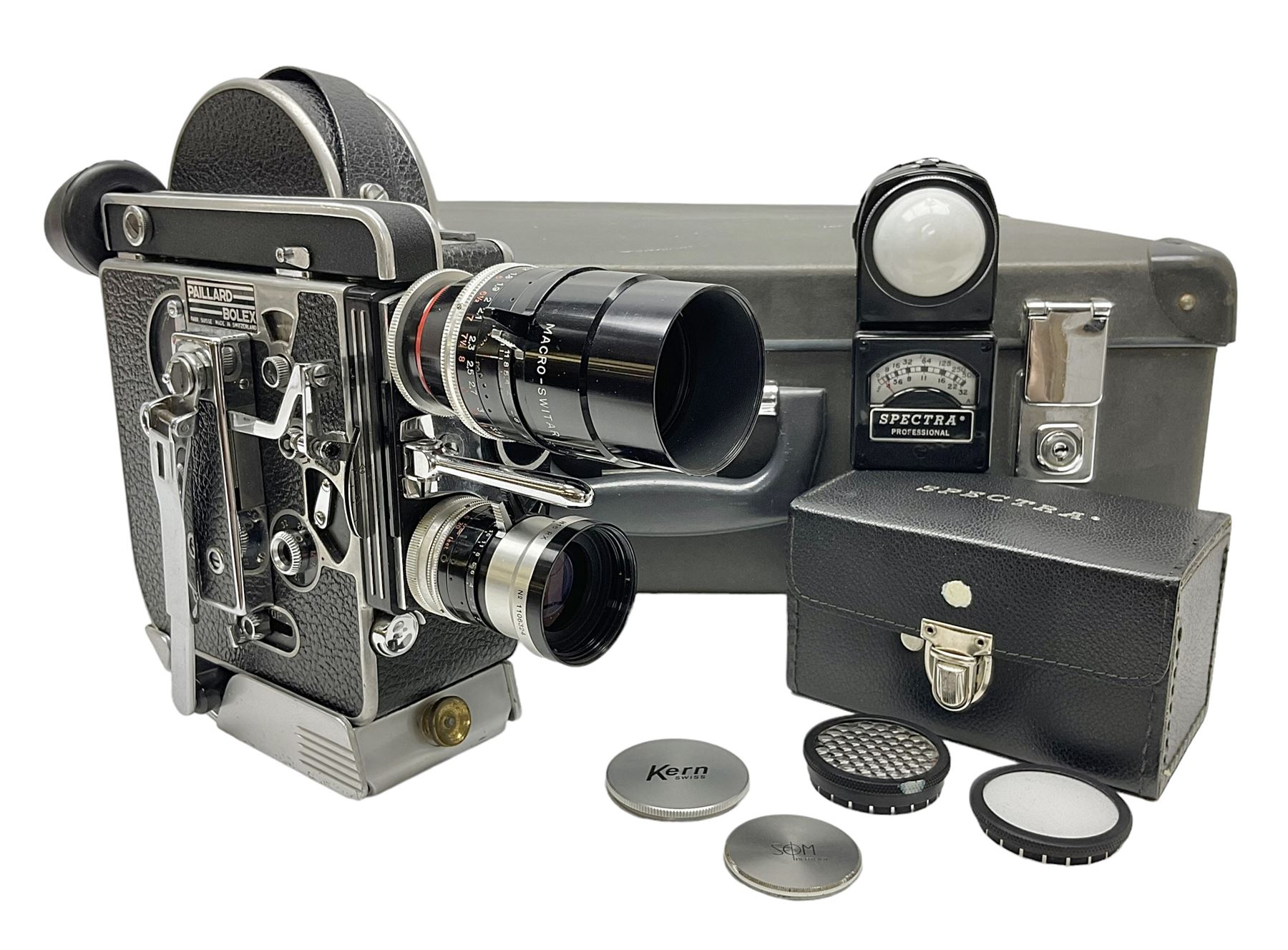 Bolex H16 Reflex camera body, serial no. 136928, with 'Macro-Switar 1:1.9 f=75mm' lens, serial no. 1131474, Switar H16 RX 1:1.6 f=10mm' lens, serial no. 1106324, with hard carry case