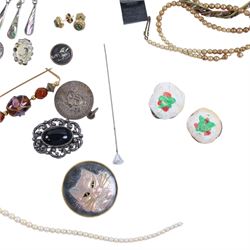 Silver collared glass bottle and a collection of costume jewellery, including beaded necklaces, ring, wristwatch, etc