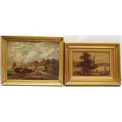 J B Davis (19th century): Fishing Boats on the Shoreline with Thatched Cottages, oil on canvas signed 29cm x 39cm; River scene, sepia oil on panel unsigned 19cm x 29cm (2)