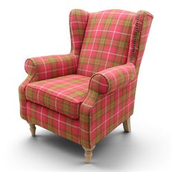 Next Home - Contemporary tartan wingback, studded wings above scrolled arms, light stained...