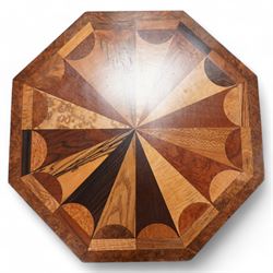 Georgian design mahogany specimen type occasional table, the octagonal top inlaid with various woods including walnut, birds eye maple and elm in geometric pattern, on turned and reeded mahogany pedestal carved with acanthus leaves, concaved square platform on turned feet 