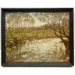 Paul Paul (Staithes Group 1865-1937): Wooded River Landscape, oil on board unsigned, artist's studio stamp verso 47cm x 60cm 
Provenance: from the artist's studio collection. Paul Politachi, born in Constantinople in 1865, was the son of Constantine Politachi (1840-1914), a merchant in cotton goods, and his wife Virginie. About 1870 the family came to England, and in 1871 Paul is listed as living at 4 Victoria Crescent, Broughton, Salford with his parents, two younger sisters Eutcripi and Emilie, paternal grandmother Fotine, a governess and a servant. In January 1887 he enrolled at Hubert von Herkomer's School at Bushey, where he presumably met fellow future Staithes Group members Rowland Henry Hill and Percy Morton Teasdale.

After his marriage to Marion Archer in 1896 he changed his name to the more Anglophone Paul Plato Paul. He exhibited at the Royal Academy ten times between 1901 and 1932. He was elected to the Royal Society of British Artists in 1903 and in that year exhibited 'The Old Pier, Walberswick' and 'The Road to the Village' in their winter exhibition. Two years later he was elected a member of the Staithes Art Club, alongside Teasdale. He died at 11 Bath Road, Bedford Park, Brentford, Middlesex on 23 January 1937, aged 71.