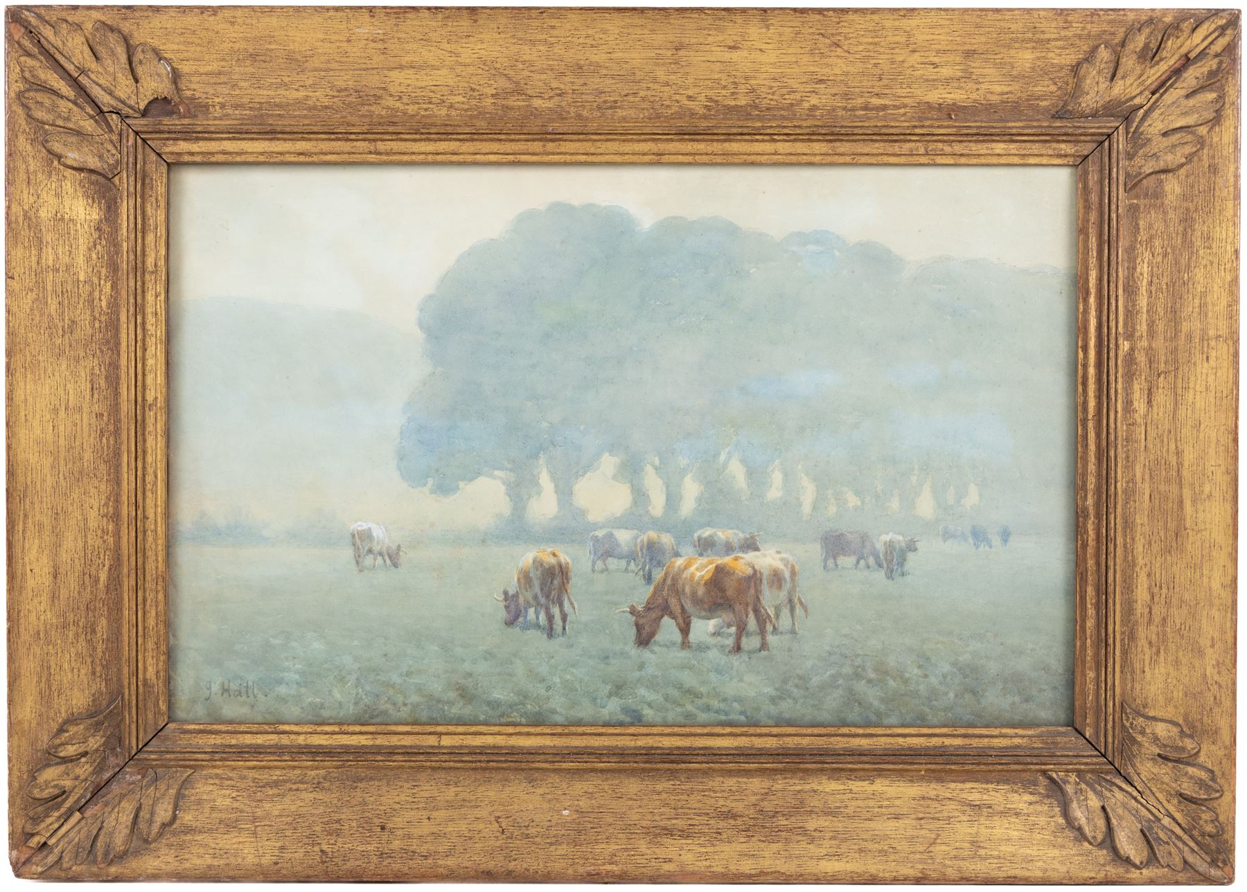 J Hall (British 19th Century): Summer Evening with Cows Grazing in a Pasture, watercolour signed 31cm x 50cm 