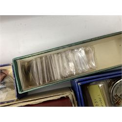 Great British and World coins, mostly pre-decimal and pre-Euro, to include three 1951 Festival of Britain crowns, two of which in maroon cases, quantity of half crowns, sixpence, three pence and penny coins, in one box 