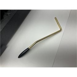 Copy of a Fender Stratocaster electric guitar in black with Wilkinson bridge, lock-in tuners, synchronised tremolo and various patent numbers; L99cm; in hard carrying case with strap and digital tuner