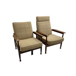 Guy Rogers - pair mid-century 'Manhattan' teak framed open armchairs, upholstered seat and back on turned supports