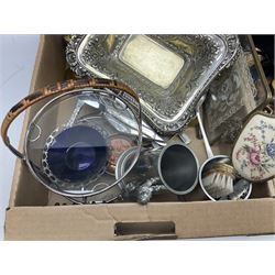 Quantity of silver plated and other metal ware to include Community cutlery and brass, together with Polaroid tv etc in three boxes
