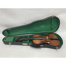 19th century full sized violin in a later hard case, decorative mother of pearl inlay to the tail piece Overall length 60cm No bow