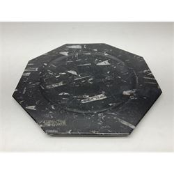 Four octagonal plates, each with Orthoceras and Goniatite inclusions, age: Devonian period, location: Morocco, D30cm