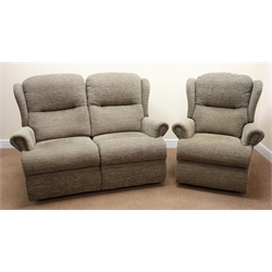  Two seat wingback sofa upholstered in natural cord fabric (W148cm) and matching reclining armchair (W84cm) (2)  