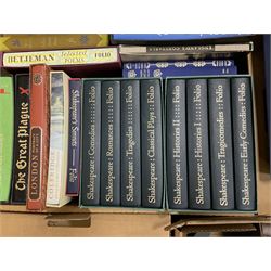 Large collection of Folio Society society books on various subjects, including Pepys Diary 1660-1669 in 3 volumes, Shakespeare eight volumes, Catherine the Great, Enigma etc, in six boxes 
