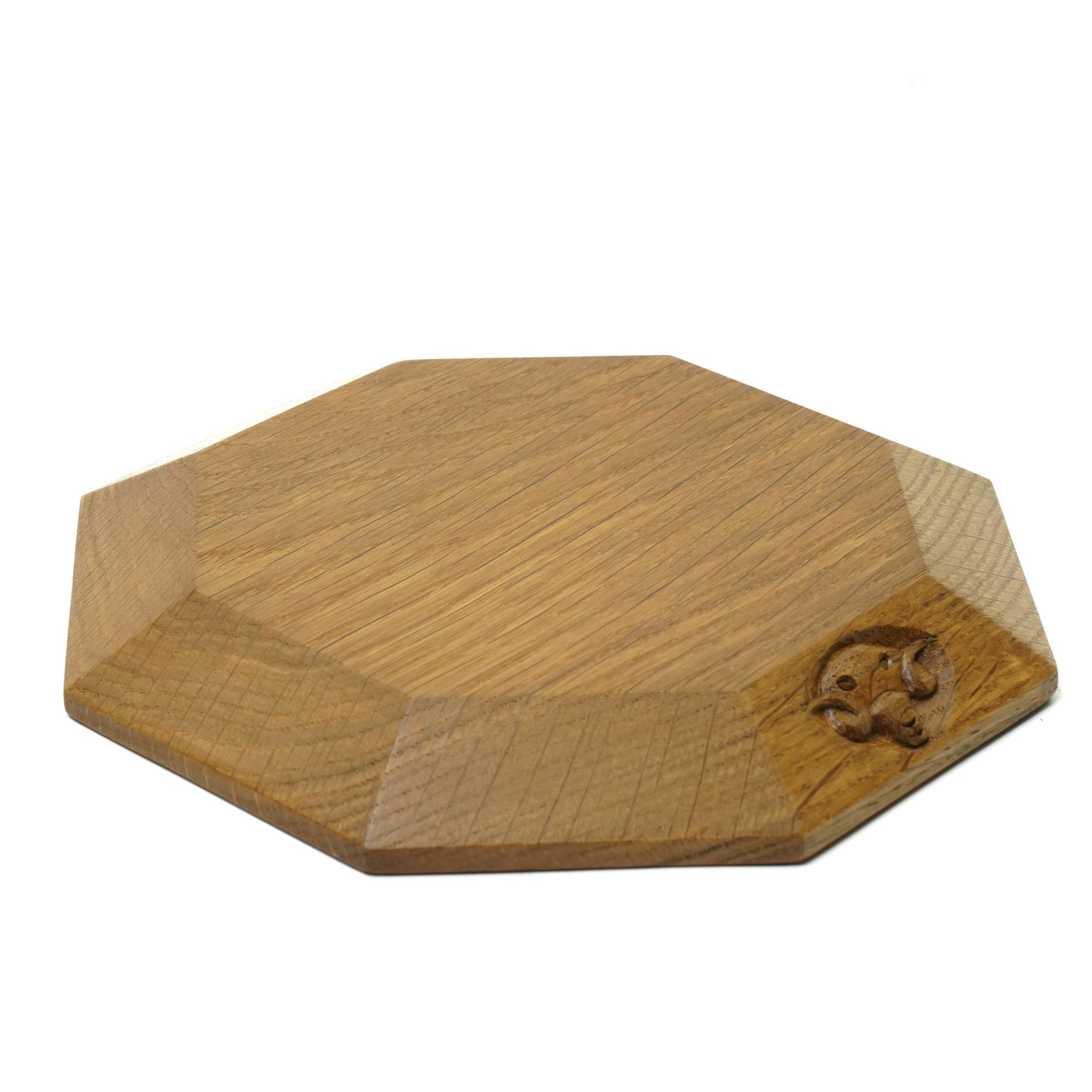 Ramman - oak teapot or plant stand, of octagonal form with chamfered edge, with carved ram head signature, by Terry Harrington of Leyburn