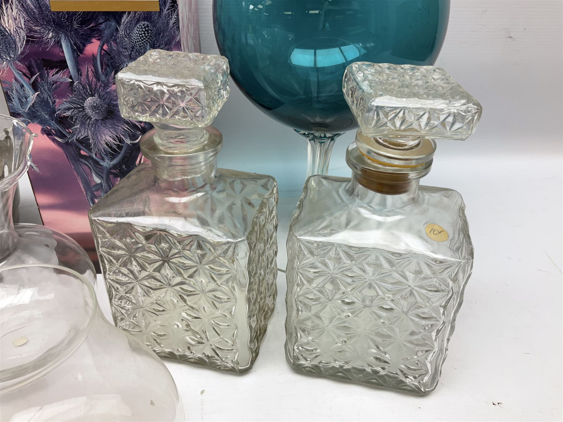 Val St. Lambert cut glass twin branch candelabra, signed beneath, together with quantity of other glassware to include decanters, etc