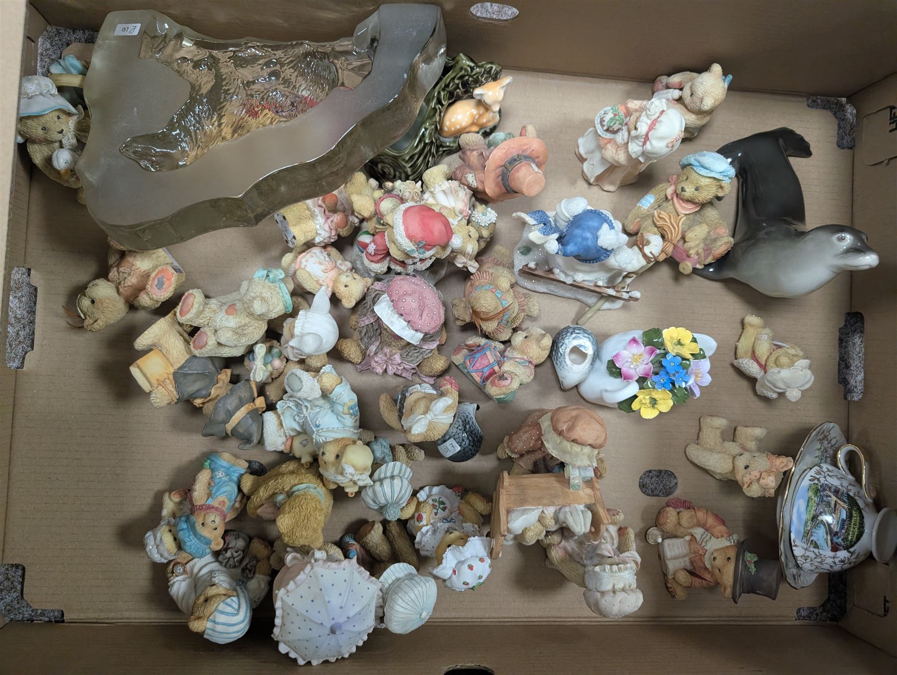 Cherished Teddies, cut and coloured glassware, Wedgwood Jasperware etc, in four boxes