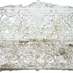 Coalbrookdale design - early 20th century cast aluminium Nasturtium pattern bench, white painted cast aluminium frame and seat, the pediment with a central female mask flanked with extending leafage, the back and seat with scrolling lattice design and interspersed Narsturtium leaves, flanked shaped arm terminals over splayed supports