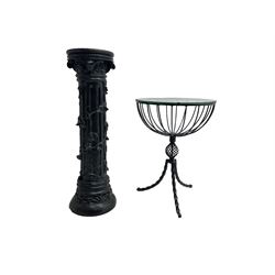 Composite Classical design pedestal, circular fluted form decorated with trailing foliage branches (H86cm); and a wrought metal tripod table with glass top (D45cm, H62cm)