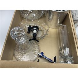 Royal Brierley crystal ships decanter, pair of Scandinavian glass beer glasses, chrome ice bucket and a collection of other glassware and barware, in three boxes 