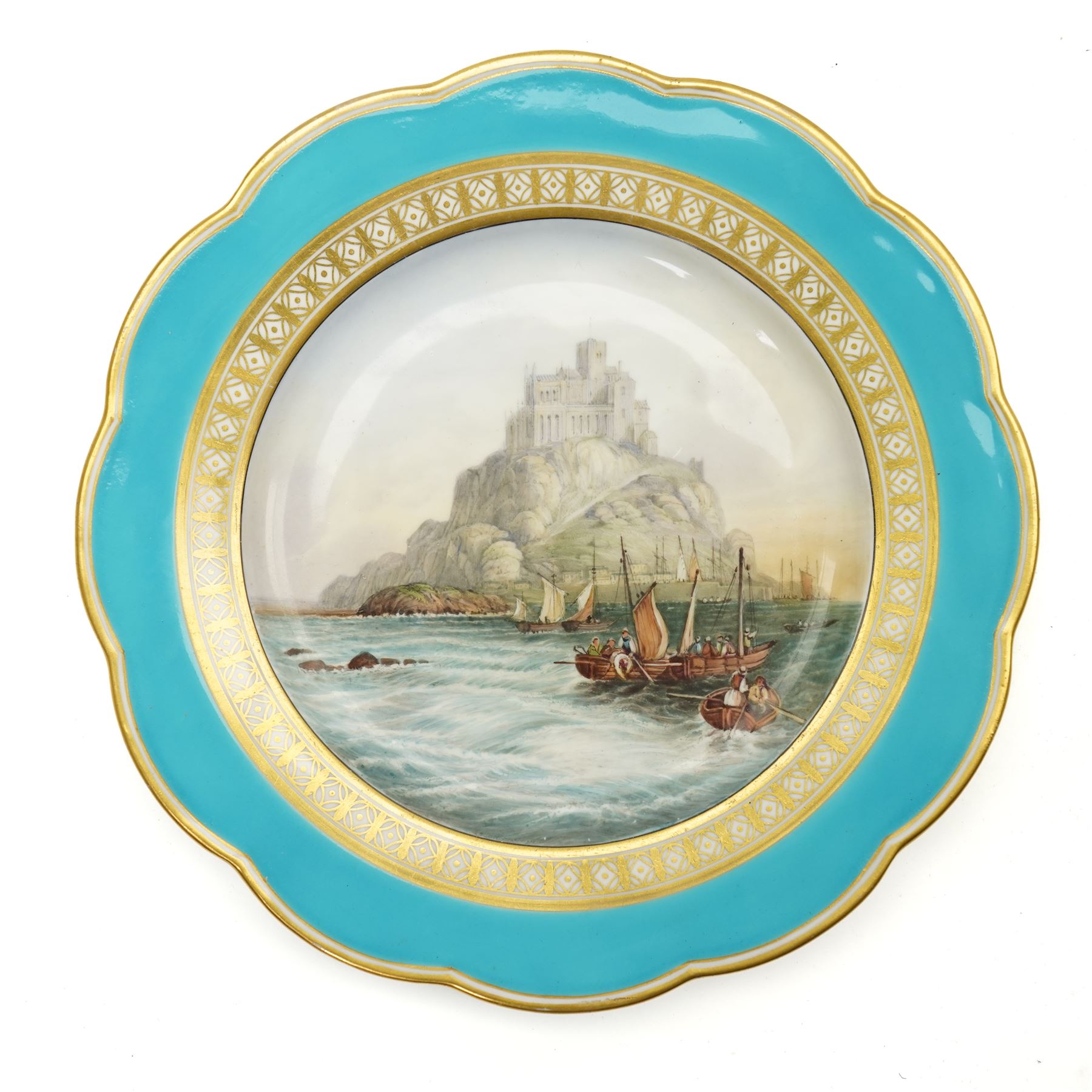 Royal Worcester Elizabeth Vase, H21cm; together with a Royal Crown Derby rectangular serving dish, painted with a shipping scene by WEJ Dean, W28cm, a Davenport plate painted with St Michaels Mount, D24cm, and a Minton plate painted with fruit by F Walklett, D23cm (4)
