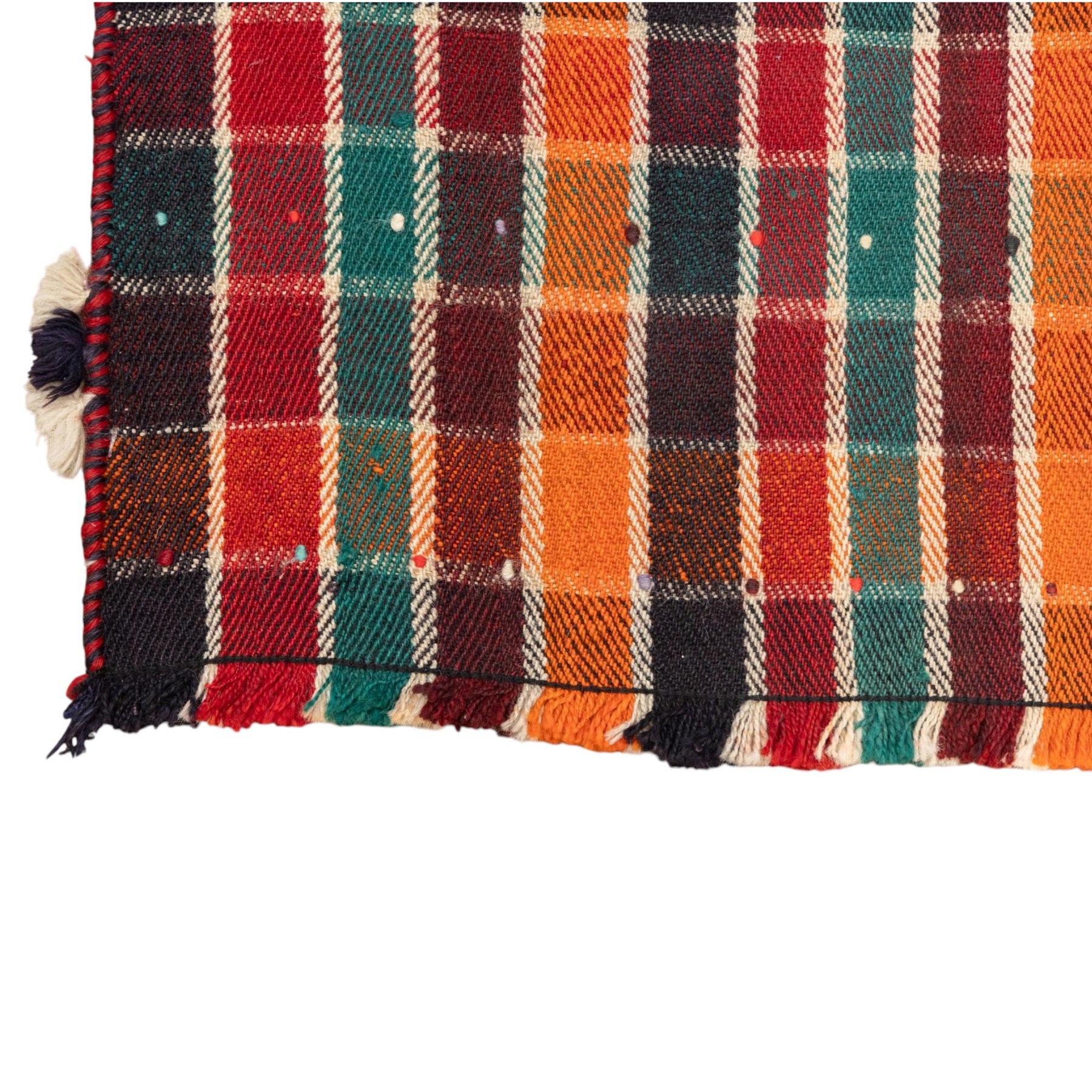 South West Persian Jajim kilim, formed from two joined flatwoven panels, patterned with intersecting stripes in red, orange, green, dark brown and ivory forming a checked design, scattered coloured dot motifs, multicoloured wool tassels along the sides