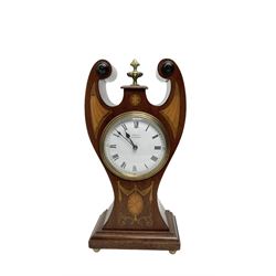 Edwardian - Art Nouveau 8-day mantle clock c1910, with waisted mahogany case, fine inlaid marquetry work and cast brass finial, white enamel dial with Roman numerals, minute track, spade hands and retailers name (Sorley, Glasgow) within a cast brass bezel and convex glass, French single train movement and platform escapement, wound and set from the rear.  
