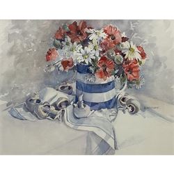 J S McCabe (20th century): Daisies and Poppies in a Cornish Ware Jug with Mushrooms, watercolour signed 30cm x 38cm