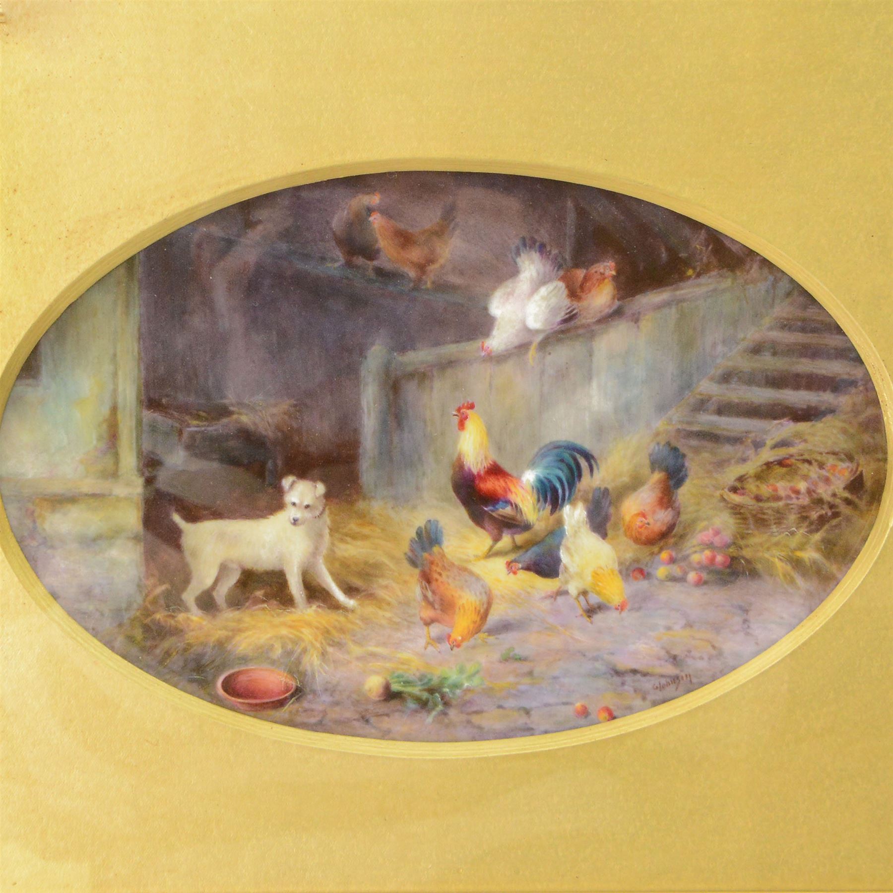 Early 20th century Royal Worcester oval plaque, hand painted by George Johnson, depicting a farmyard scene with white terrier dog, cockerel and chickens within a barn, signed G Johnson, with puce printed mark verso, date code indistinct, circa 1925, plaque 15cm x 23.5cm, overall 30cm x 39cm