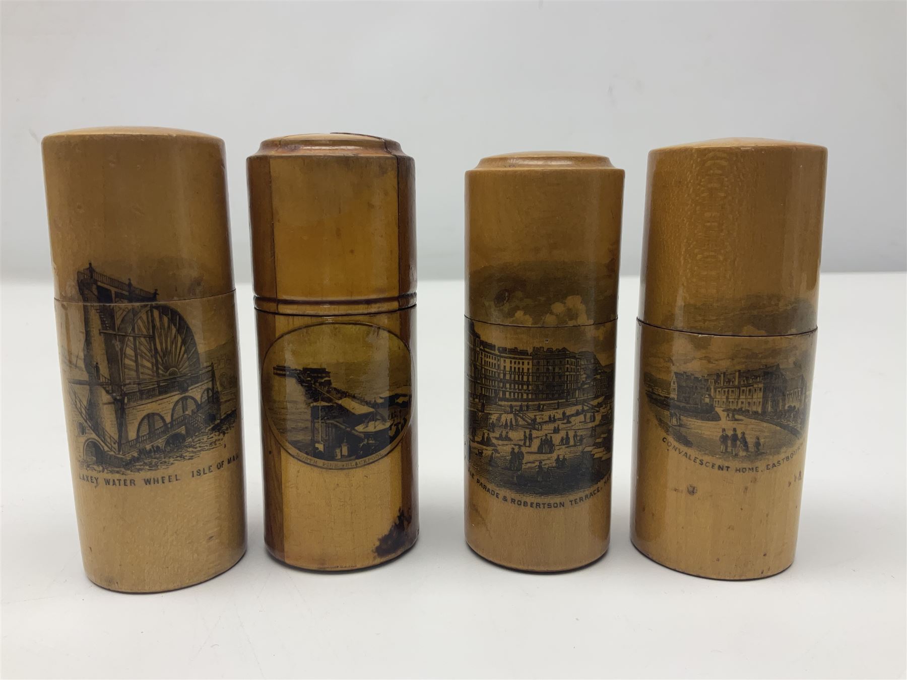 Collection of Mauchline ware relating to sewing, to include four ovoid shaped thimble cases, hinged lid thimble case and needle cases (12) 